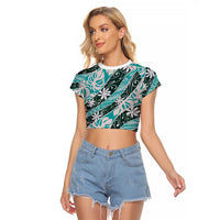 Cyan Tahiti Tiare Monstera Raglan Cropped T Shirt Polynesian Pattern Curve Style LT01 Female Cyan - Polynesian Pride