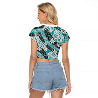 Cyan Tahiti Tiare Monstera Raglan Cropped T Shirt Polynesian Pattern Curve Style LT01 - Polynesian Pride