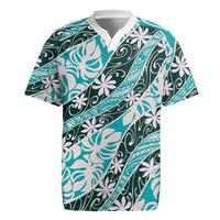 Cyan Tahiti Tiare Monstera Rugby Jersey Polynesian Pattern Curve Style LT01 Cyan - Polynesian Pride
