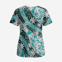 Cyan Tahiti Tiare Monstera Scrub Top Polynesian Pattern Curve Style - Polynesian Pride