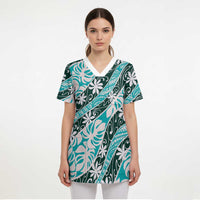 Cyan Tahiti Tiare Monstera Scrub Top Polynesian Pattern Curve Style - Polynesian Pride