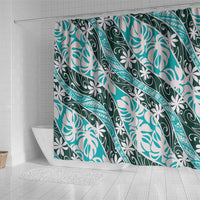 Cyan Tahiti Tiare Monstera Shower Curtain Polynesian Pattern Curve Style - Polynesian Pride