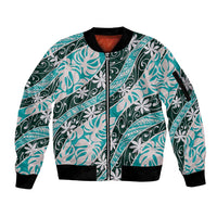 Cyan Tahiti Tiare Monstera Sleeve Zip Bomber Jacket Polynesian Pattern Curve Style - Polynesian Pride