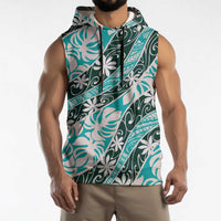 Cyan Tahiti Tiare Monstera Sleeveless Hoodie Polynesian Pattern Curve Style - Polynesian Pride