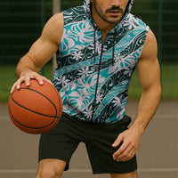 Cyan Tahiti Tiare Monstera Sleeveless Zip Hoodie Polynesian Pattern Curve Style LT01 - Polynesian Pride