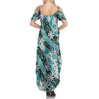 Cyan Tahiti Tiare Monstera Summer Maxi Dress Polynesian Pattern Curve Style - Polynesian Pride