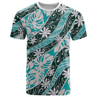 Cyan Tahiti Tiare Monstera T Shirt Polynesian Pattern Curve Style LT01 Cyan - Polynesian Pride