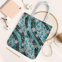 Cyan Tahiti Tiare Monstera Tote Bag Polynesian Pattern Curve Style - Polynesian Pride