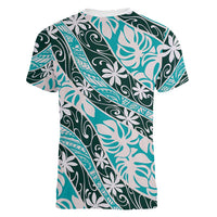 Cyan Tahiti Tiare Monstera Women V-Neck T-Shirt Polynesian Pattern Curve Style LT01 - Polynesian Pride