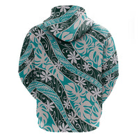Cyan Tahiti Tiare Monstera Zip Hoodie Polynesian Pattern Curve Style - Polynesian Pride