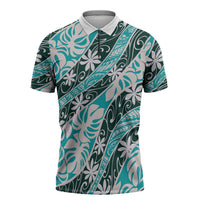 Cyan Tahiti Tiare Monstera Zipper Polo Shirt Polynesian Pattern Curve Style LT01 Cyan - Polynesian Pride