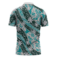 Cyan Tahiti Tiare Monstera Zipper Polo Shirt Polynesian Pattern Curve Style - Polynesian Pride