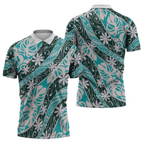 Cyan Tahiti Tiare Monstera Zipper Polo Shirt Polynesian Pattern Curve Style LT01 - Polynesian Pride