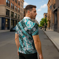 Cyan Tahiti Tiare Monstera Zipper Polo Shirt Polynesian Pattern Curve Style LT01 - Polynesian Pride