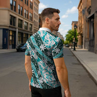 Cyan Tahiti Tiare Monstera Zipper Polo Shirt Polynesian Pattern Curve Style - Polynesian Pride
