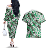 Matie Tahiti Tiare Monstera Couples Matching Off The Shoulder Long Sleeve Dress and Hawaiian Shirt Polynesian Pattern Curve Style - Polynesian Pride