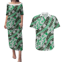 Matie Tahiti Tiare Monstera Couples Matching Puletasi and Hawaiian Shirt Polynesian Pattern Curve Style LT01 Green - Polynesian Pride