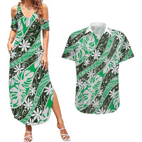 Matie Tahiti Tiare Monstera Couples Matching Summer Maxi Dress and Hawaiian Shirt Polynesian Pattern Curve Style - Polynesian Pride