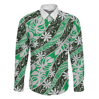 Matie Tahiti Tiare Monstera Family Matching Off Shoulder Maxi Dress and Hawaiian Shirt Polynesian Pattern Curve Style LT01 Dad's Shirt - Long Sleeve Green - Polynesian Pride