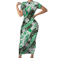 Matie Tahiti Tiare Monstera Family Matching Short Sleeve Bodycon Dress and Hawaiian Shirt Polynesian Pattern Curve Style - Polynesian Pride