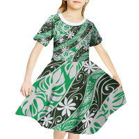 Matie Tahiti Tiare Monstera Kid Short Sleeve Dress Polynesian Pattern Curve Style - Polynesian Pride
