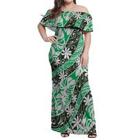Matie Tahiti Tiare Monstera Off Shoulder Maxi Dress Polynesian Pattern Curve Style - Polynesian Pride
