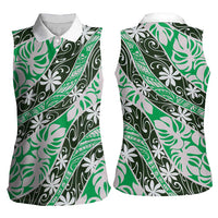 Matie Tahiti Tiare Monstera Women Sleeveless Polo Shirt Polynesian Pattern Curve Style - Polynesian Pride