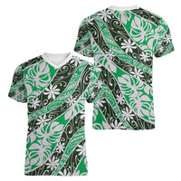 Matie Tahiti Tiare Monstera Women V-Neck T-Shirt Polynesian Pattern Curve Style - Polynesian Pride