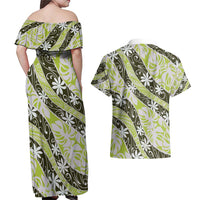 Olive Tahiti Tiare Monstera Couples Matching Off Shoulder Maxi Dress and Hawaiian Shirt Polynesian Pattern Curve Style - Polynesian Pride