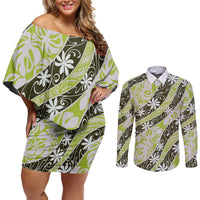 Olive Tahiti Tiare Monstera Couples Matching Off Shoulder Short Dress and Long Sleeve Button Shirt Polynesian Pattern Curve Style - Polynesian Pride