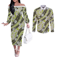 Olive Tahiti Tiare Monstera Couples Matching Off The Shoulder Long Sleeve Dress and Long Sleeve Button Shirt Polynesian Pattern Curve Style - Polynesian Pride