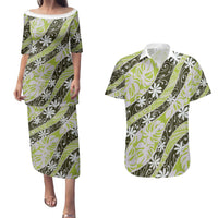 Olive Tahiti Tiare Monstera Couples Matching Puletasi and Hawaiian Shirt Polynesian Pattern Curve Style LT01 Olive - Polynesian Pride