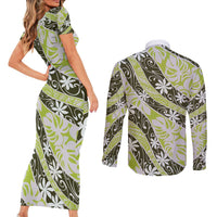 Olive Tahiti Tiare Monstera Couples Matching Short Sleeve Bodycon Dress and Long Sleeve Button Shirt Polynesian Pattern Curve Style - Polynesian Pride