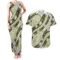 Olive Tahiti Tiare Monstera Couples Matching Tank Maxi Dress and Hawaiian Shirt Polynesian Pattern Curve Style - Polynesian Pride