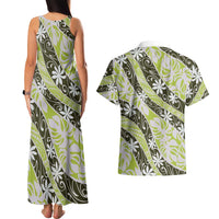 Olive Tahiti Tiare Monstera Couples Matching Tank Maxi Dress and Hawaiian Shirt Polynesian Pattern Curve Style - Polynesian Pride