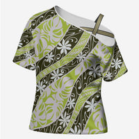 Olive Tahiti Tiare Monstera Cross Shoulder Shirt Polynesian Pattern Curve Style - Polynesian Pride