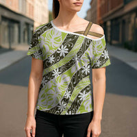 Olive Tahiti Tiare Monstera Cross Shoulder Shirt Polynesian Pattern Curve Style - Polynesian Pride