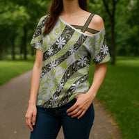 Olive Tahiti Tiare Monstera Cross Shoulder Shirt Polynesian Pattern Curve Style - Polynesian Pride