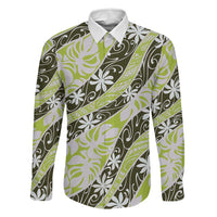 Olive Tahiti Tiare Monstera Family Matching Mermaid Dress and Hawaiian Shirt Polynesian Pattern Curve Style LT01 Dad's Shirt - Long Sleeve Olive - Polynesian Pride