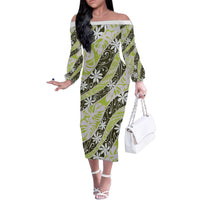 Olive Tahiti Tiare Monstera Family Matching Off The Shoulder Long Sleeve Dress and Hawaiian Shirt Polynesian Pattern Curve Style - Polynesian Pride