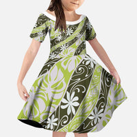 Olive Tahiti Tiare Monstera Family Matching Off Shoulder Short Dress and Hawaiian Shirt Polynesian Pattern Curve Style LT01 Daughter's Dress Olive - Polynesian Pride