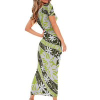 Olive Tahiti Tiare Monstera Family Matching Short Sleeve Bodycon Dress and Hawaiian Shirt Polynesian Pattern Curve Style - Polynesian Pride