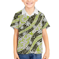 Olive Tahiti Tiare Monstera Family Matching Short Sleeve Bodycon Dress and Hawaiian Shirt Polynesian Pattern Curve Style LT01 Son's Shirt Olive - Polynesian Pride