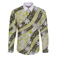 Olive Tahiti Tiare Monstera Family Matching Tank Maxi Dress and Hawaiian Shirt Polynesian Pattern Curve Style LT01 Dad's Shirt - Long Sleeve Olive - Polynesian Pride