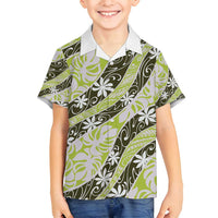 Olive Tahiti Tiare Monstera Family Matching Tank Maxi Dress and Hawaiian Shirt Polynesian Pattern Curve Style LT01 Son's Shirt Olive - Polynesian Pride