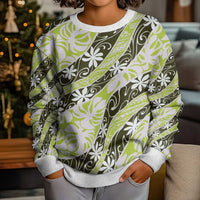 Olive Tahiti Tiare Monstera Kid Ugly Christmas Sweater Polynesian Pattern Curve Style - Polynesian Pride