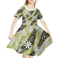 Olive Tahiti Tiare Monstera Kid Short Sleeve Dress Polynesian Pattern Curve Style - Polynesian Pride