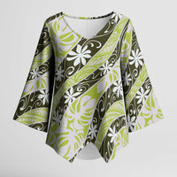 Olive Tahiti Tiare Monstera Kimono Sleeve Blouse Polynesian Pattern Curve Style - Polynesian Pride