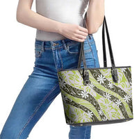 Olive Tahiti Tiare Monstera Leather Tote Bag Polynesian Pattern Curve Style - Polynesian Pride