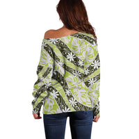 Olive Tahiti Tiare Monstera Off Shoulder Sweater Polynesian Pattern Curve Style - Polynesian Pride